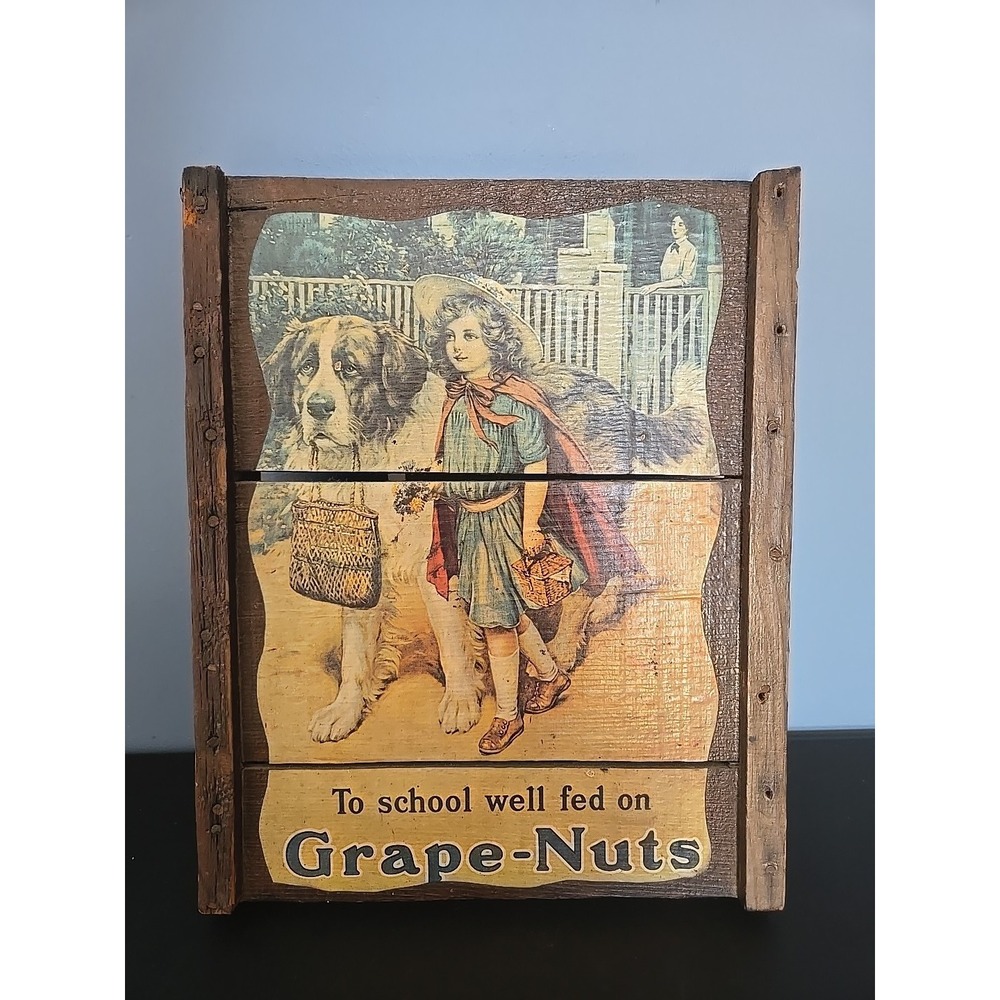 Vintage Antique Grape-Nuts Cereal Advertisement Decopaged On Old Wood